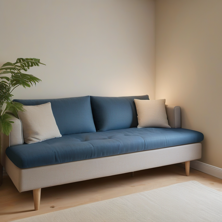 An inviting living room with a blue three-seater sofa bed partially extended, with grey pillows and a beige wall background.