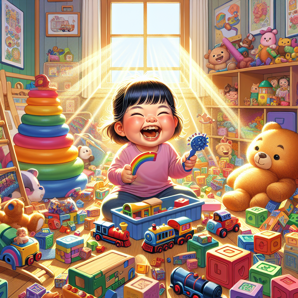 A happy toddler plays with an assortment of colorful toys in a sunny room.