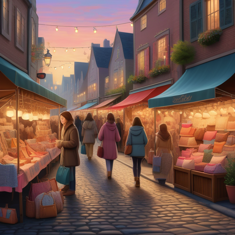 Shoppers browse through an array of bags on street stalls at evening time.