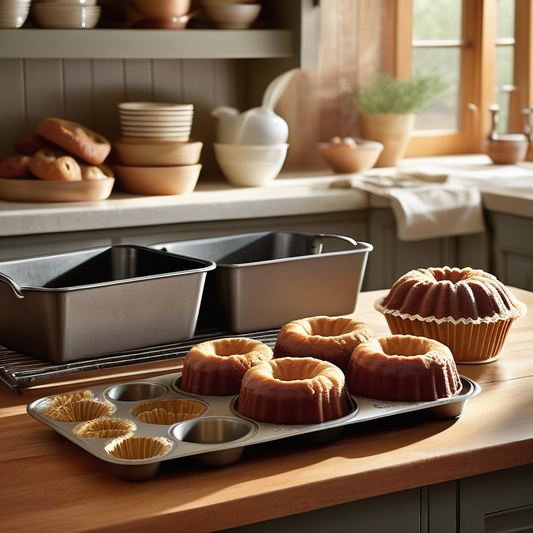 Assorted high-quality baking pans on a wooden countertop with warm ambient lighting.