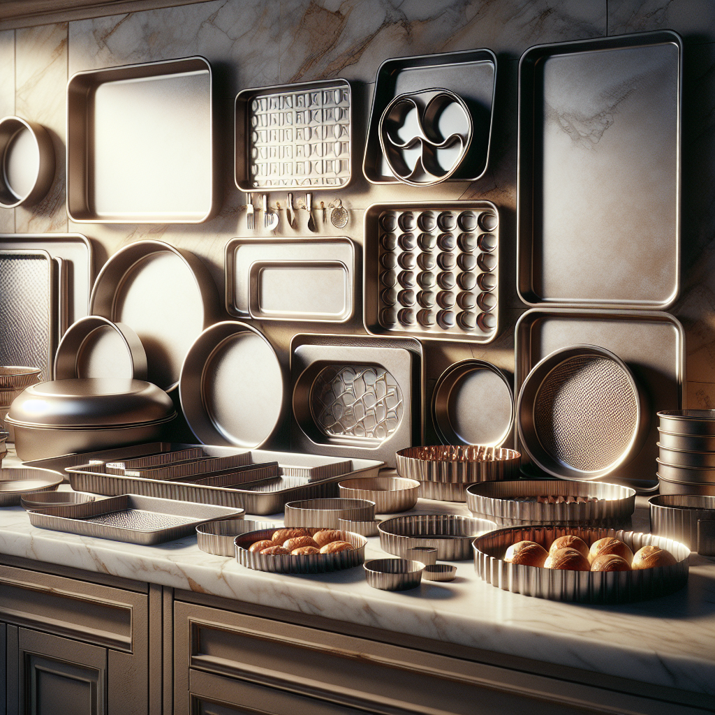 Assorted baking trays on a kitchen countertop showcasing various shapes and sizes in a warm-lit setting.