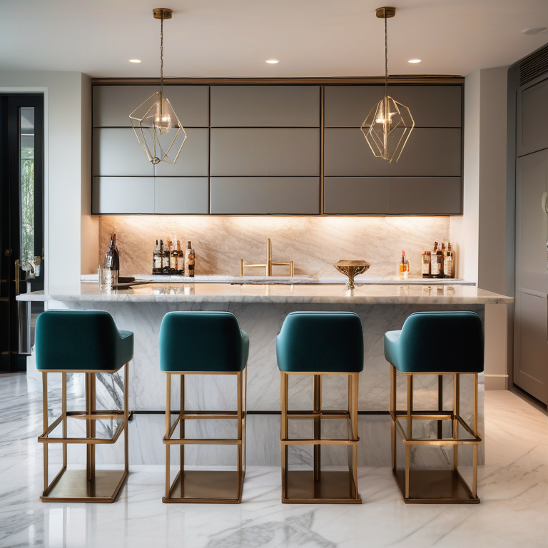 Three elegant bar stools with metal frames and velvet seats under a marble bar in a warmly lit modern kitchen.