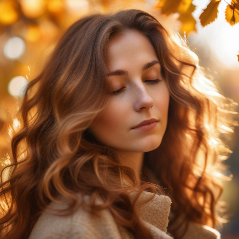 Serene woman with chestnut hair surrounded by autumn leaves in a glowing, warm light.