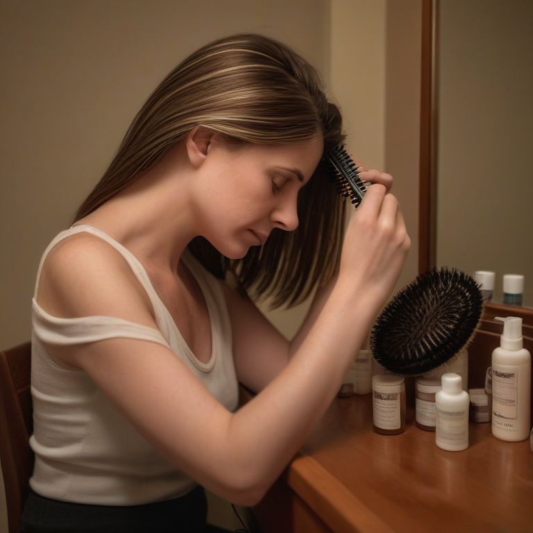 A worried woman at a vanity observing hair loss, with treatments nearby.