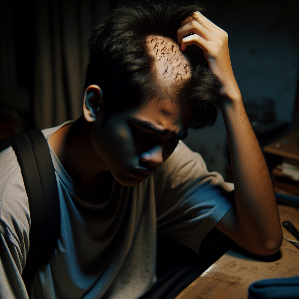 Teen boy in a messy room showing signs of hair-pulling distress.