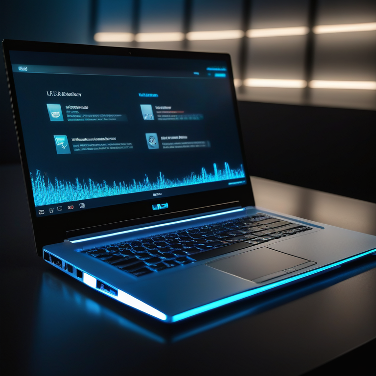 Modern laptop on a dark surface with 4K Video Downloader's colorful user interface on the screen.