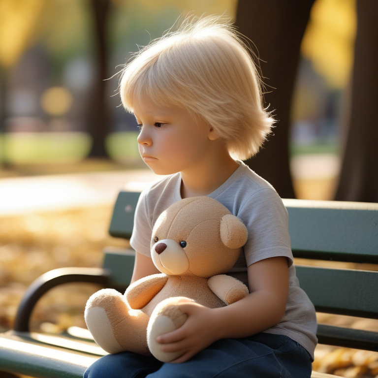 Child with signs of alopecia areata sitting pensively in a serene park setting.