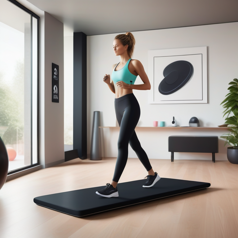 Young woman in colorful attire walking on a treadmill pad at home, showcasing an active lifestyle.