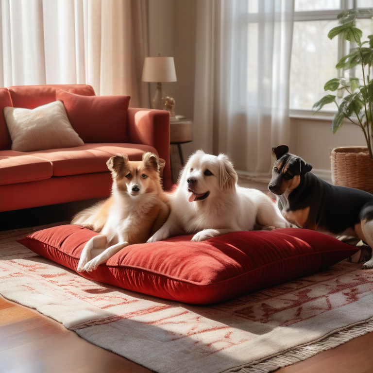 Three dogs of different breeds sitting peacefully together in a sunny, cozy living room.