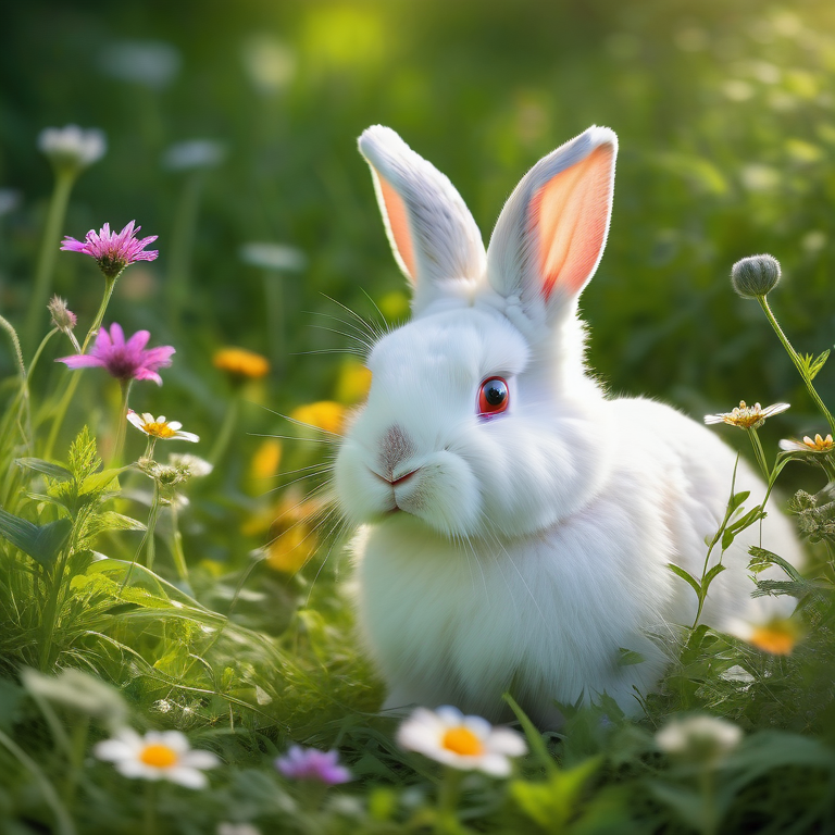 A fluffy white bunny sits peacefully in a sunlit meadow surrounded by wildflowers.