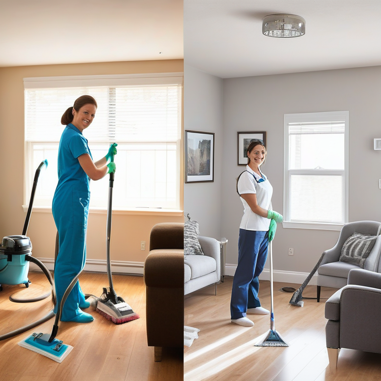 A split-scene image of a living room comparing a messy state and a clean, organized space post-cleaning service.