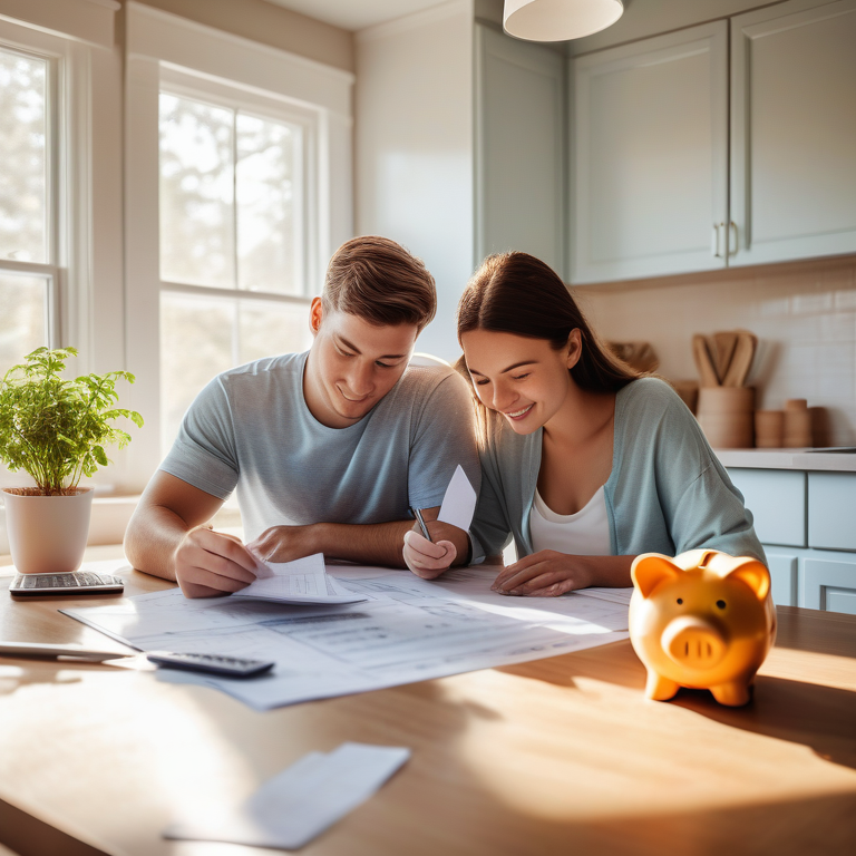 Couple calculating mortgage payments at a kitchen table with a house blueprint and a piggy bank.