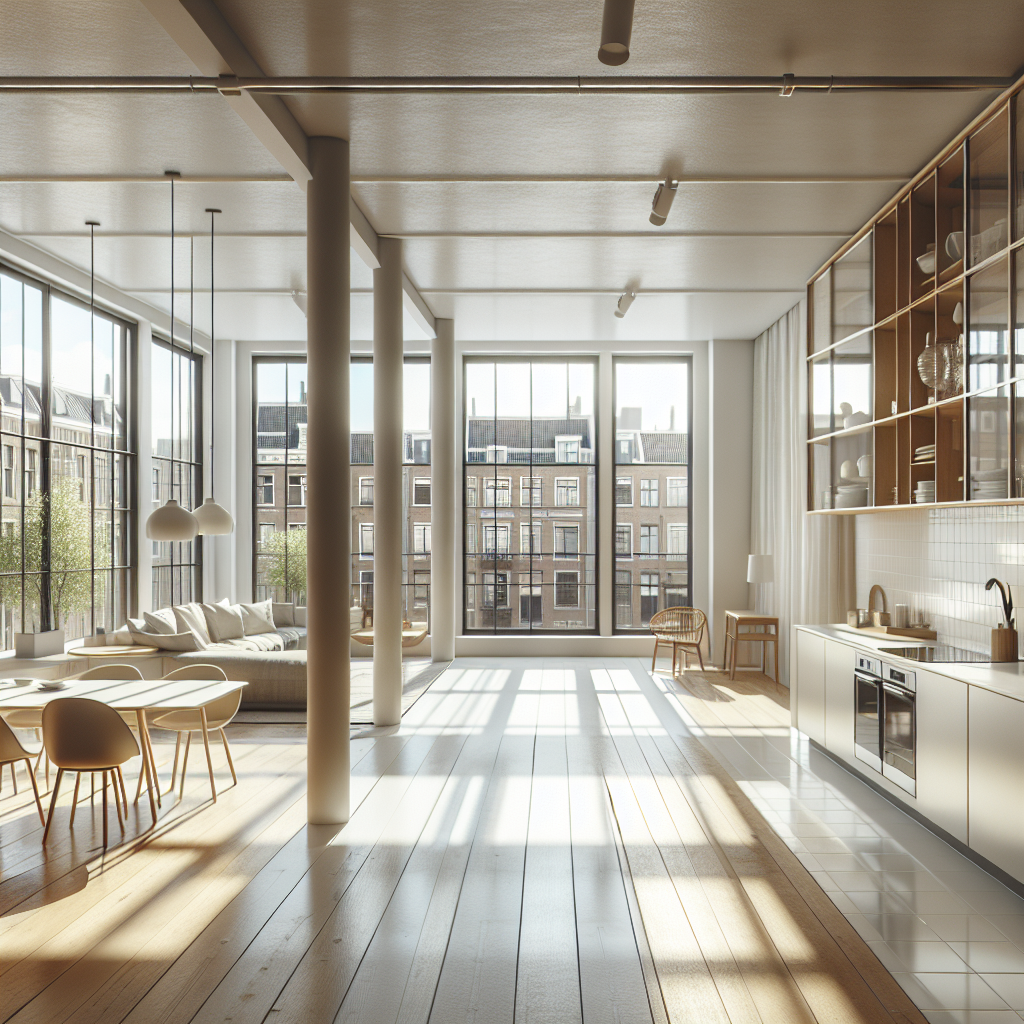 Spacious and bright Amsterdam apartment post-tenancy cleaning, highlighting a spotless kitchen area.