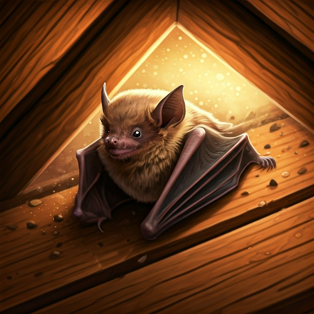 Digital art of a bat being gently removed from an attic