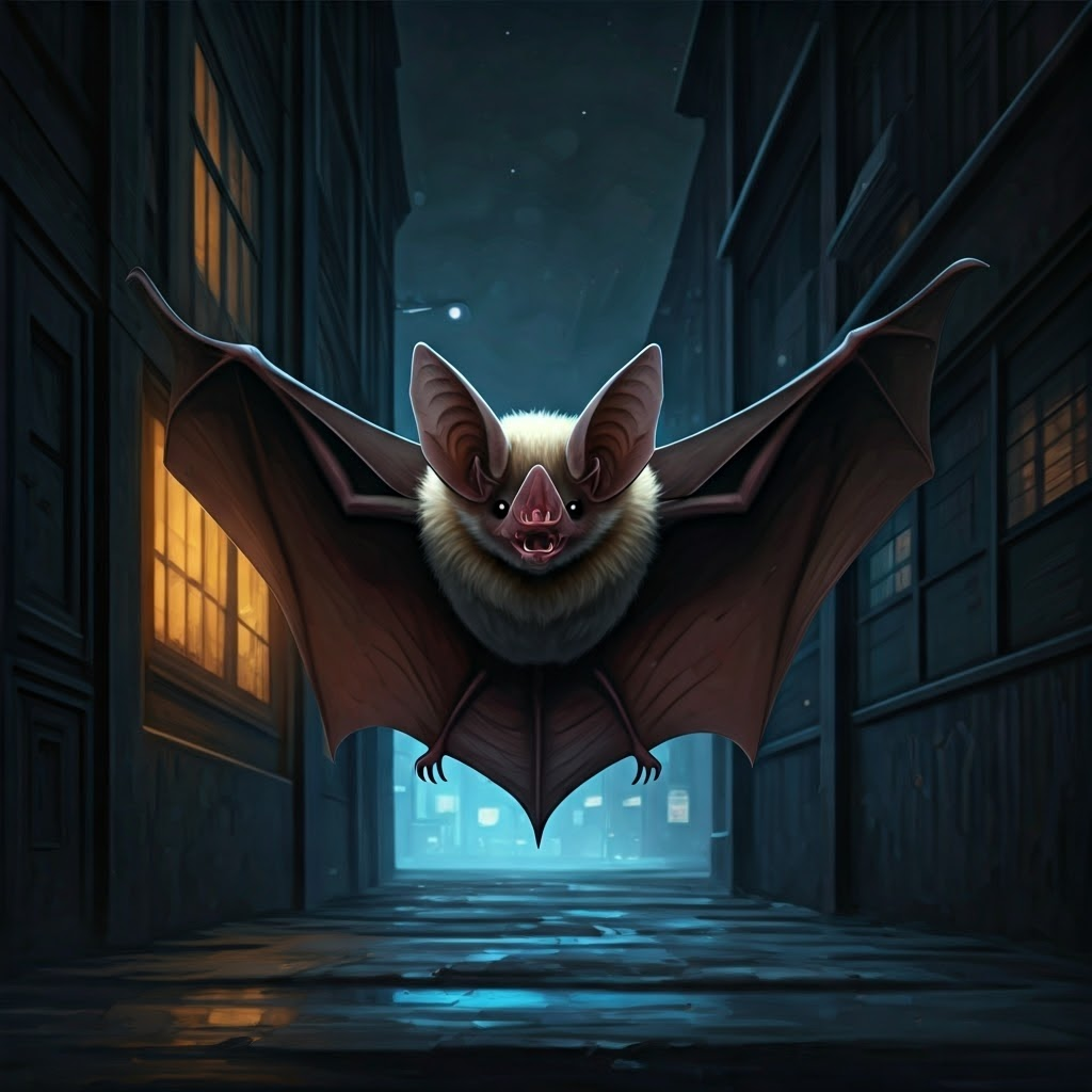 A detailed digital painting of a bat in a dark urban alley at night with cold lighting.