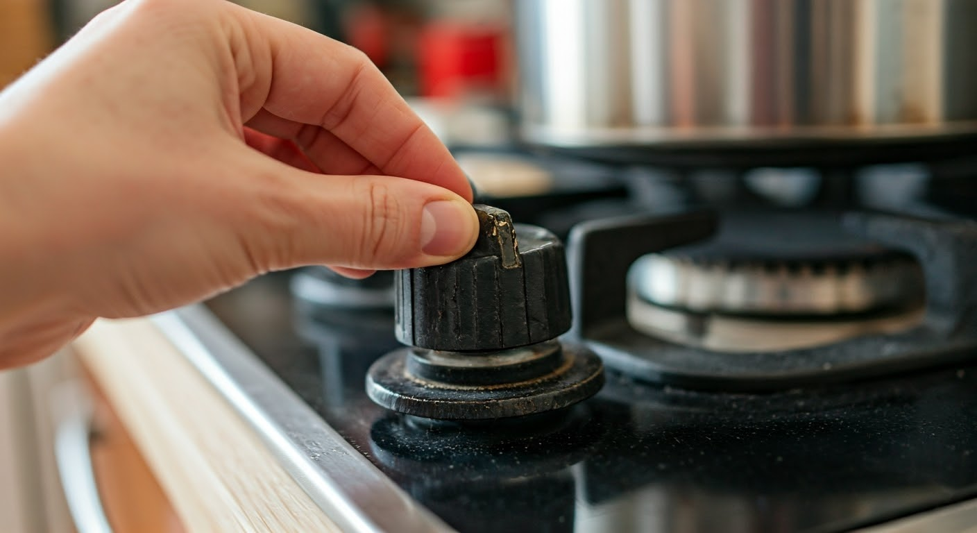 Close-up of a faulty stove knob