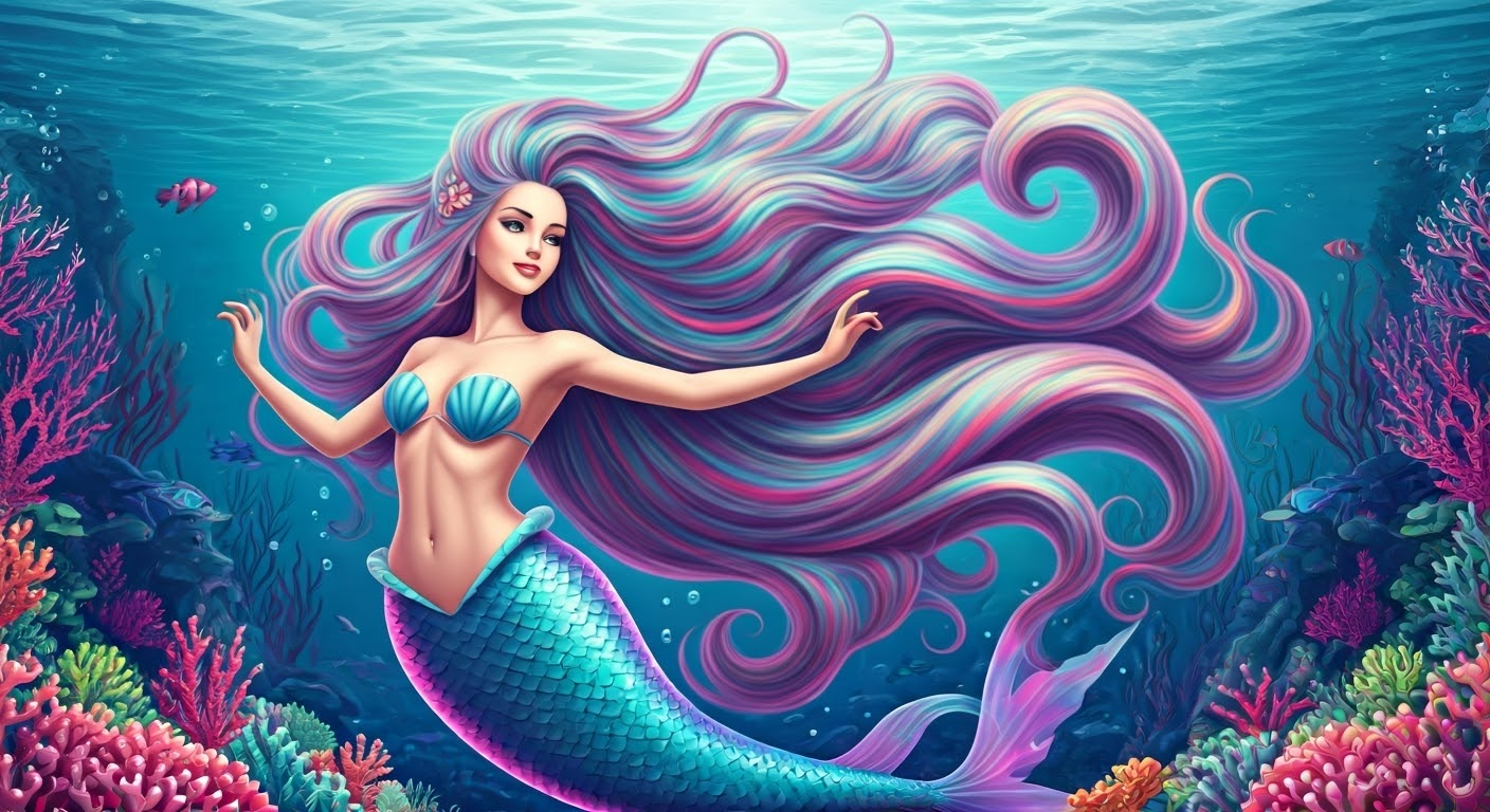 Mermaid with colorful hair extensions.