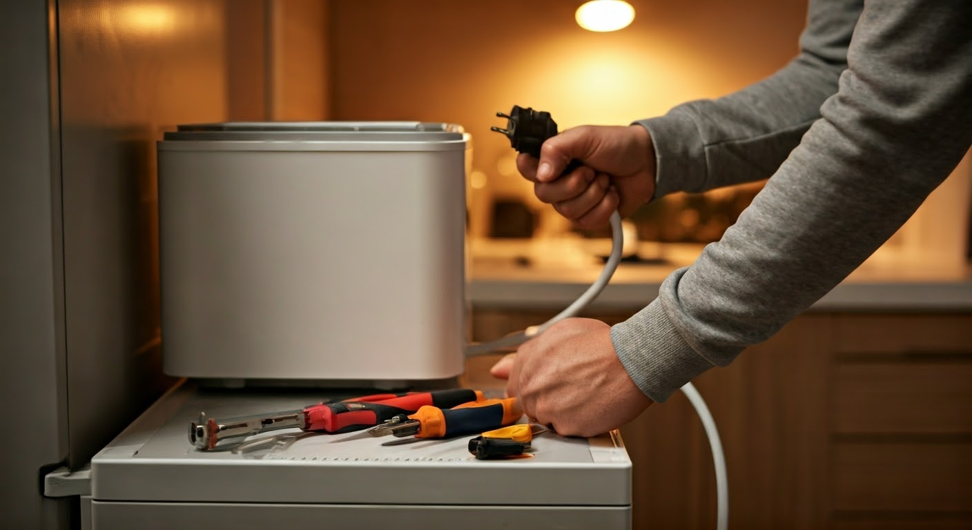 Unplugging an ice maker from freezer.