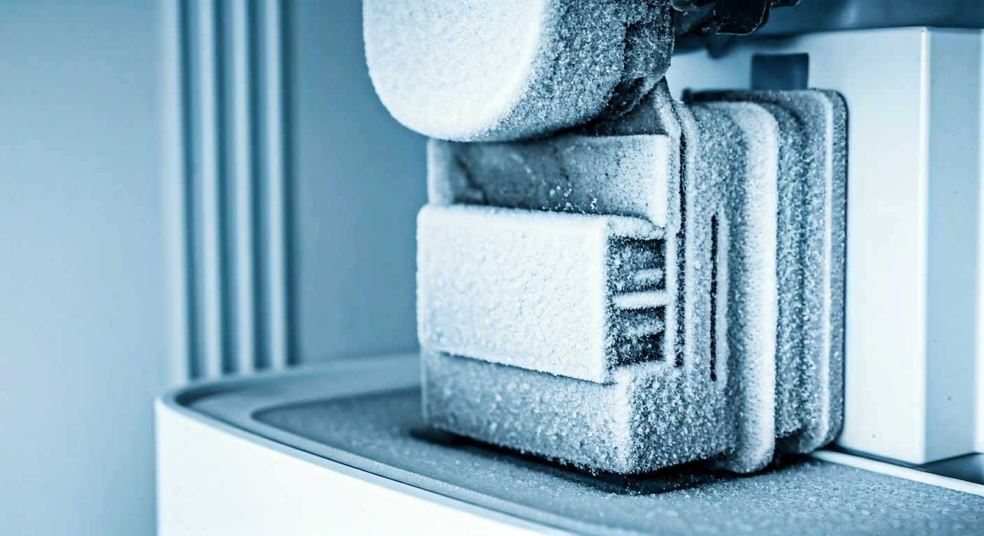 Frozen ice maker with ice buildup.