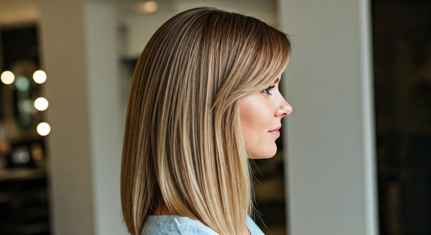 Woman with round face showcasing hairstyle.