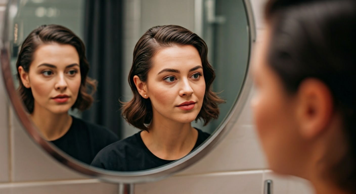 Person with oval face trying hairstyles.