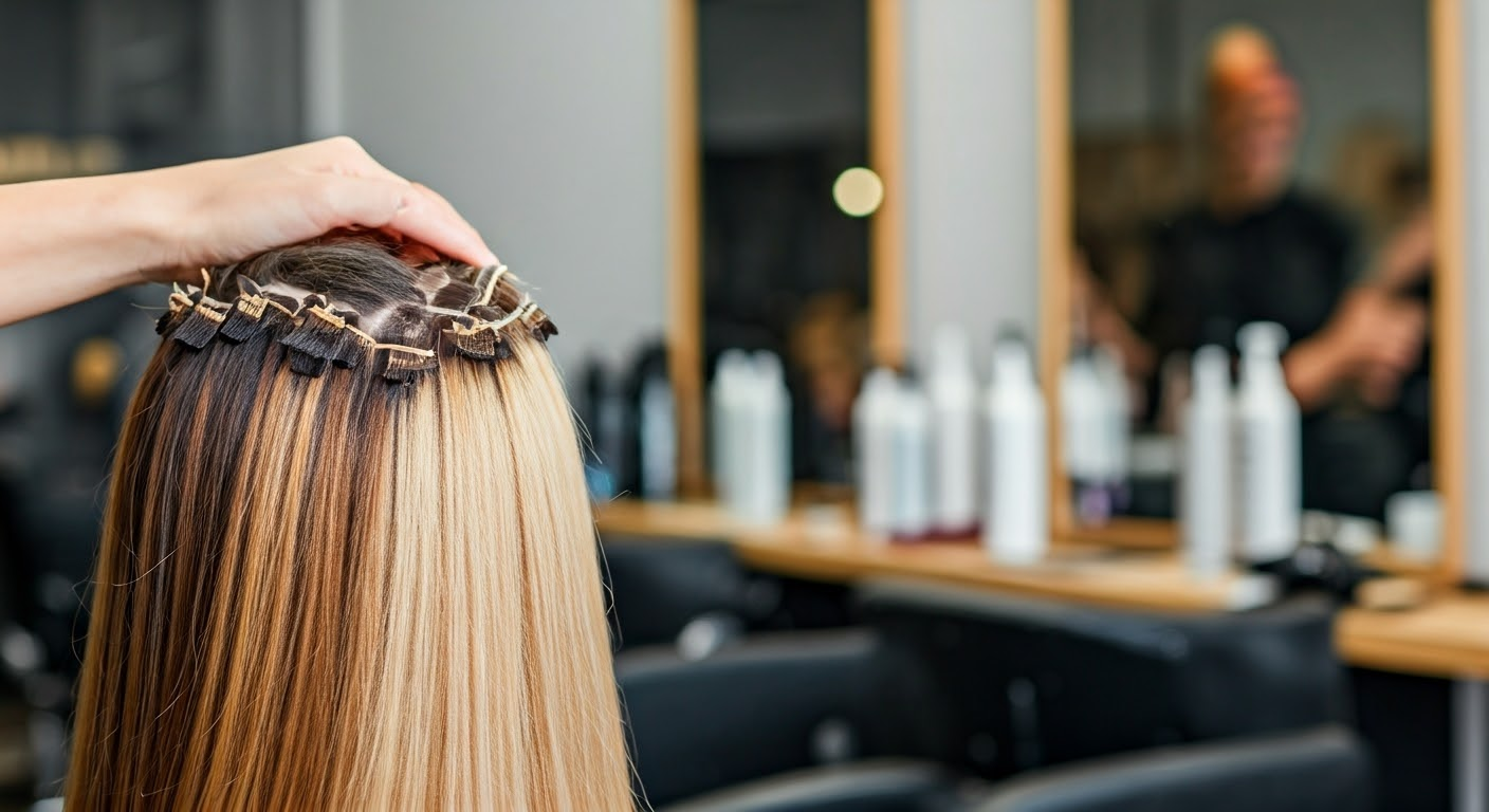 Salon applying different hair extensions