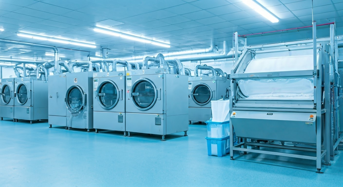 Healthcare laundry facility with staff.