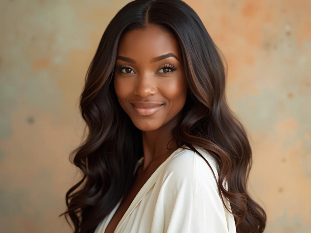Portrait of a 25-year-old African American woman with long cascading waves in a Sincerely4u wear and go wig, styled for effortless sophistication.
