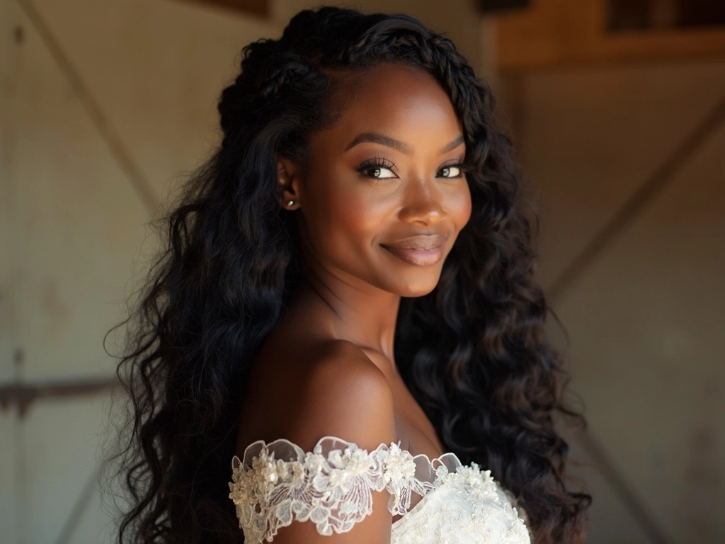 Long Sincerely4u Dutch braid bridal hairstyle with bouncy curls, showcasing a bride in off-the-shoulder lace gown.