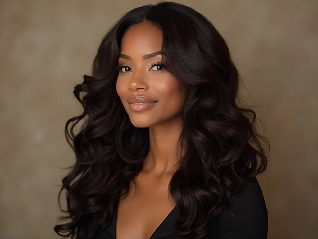 Portrait of a 25-year-old African American woman with long, voluminous curls in a Sincerely4u wear and go wig, styled for effortless elegance.