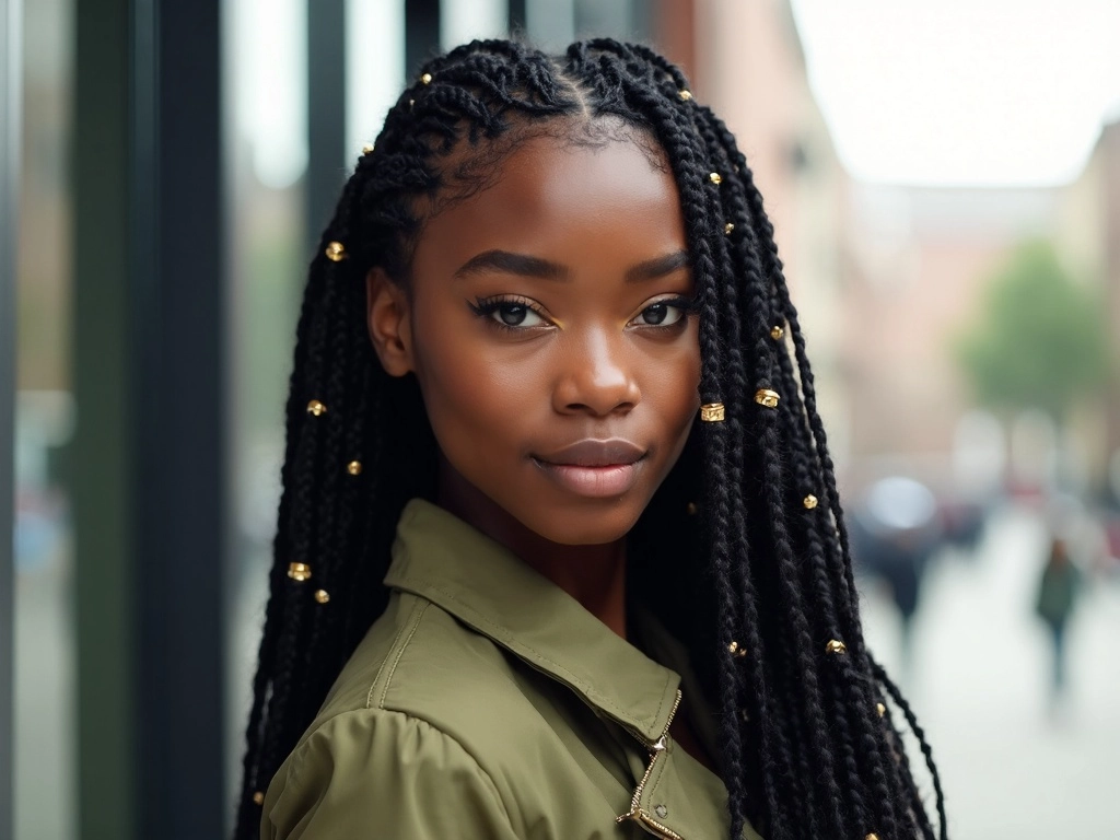 Portrait of a young African-American woman with accessorized braids, featuring Sincerely4u wigs.
