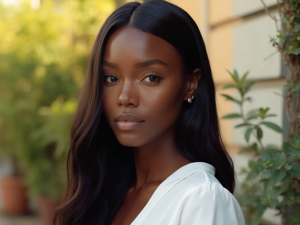 Sleek, long straight hair by Sincerely4u, featuring an elegant African-American woman with a real human hair wig.