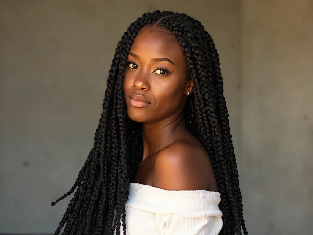 Portrait of an African-American woman with long box braids, featuring Sincerely4u’s bulk hair for braiding