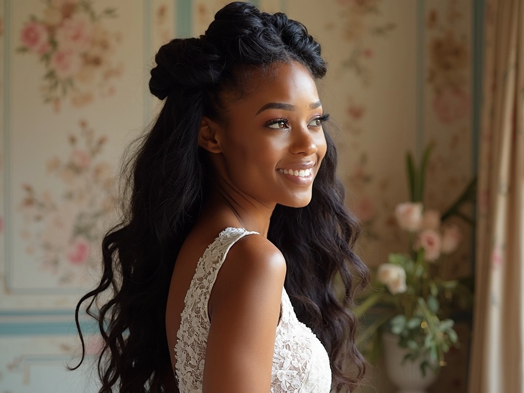 Long Sincerely4u braided crown hairstyle with flowing waves, showcasing a timeless bride in lace wedding gown.