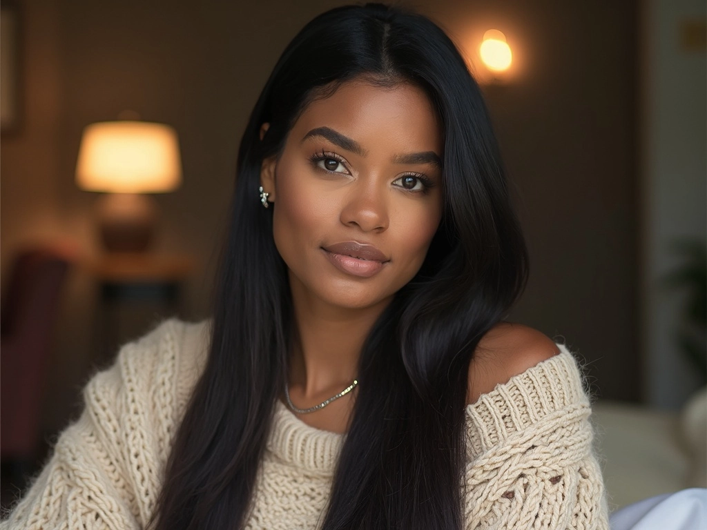 Portrait of an African-American woman with long, straight hair in a cream sweater, exuding elegance and warmth, captured beautifully by Sincerely4u.