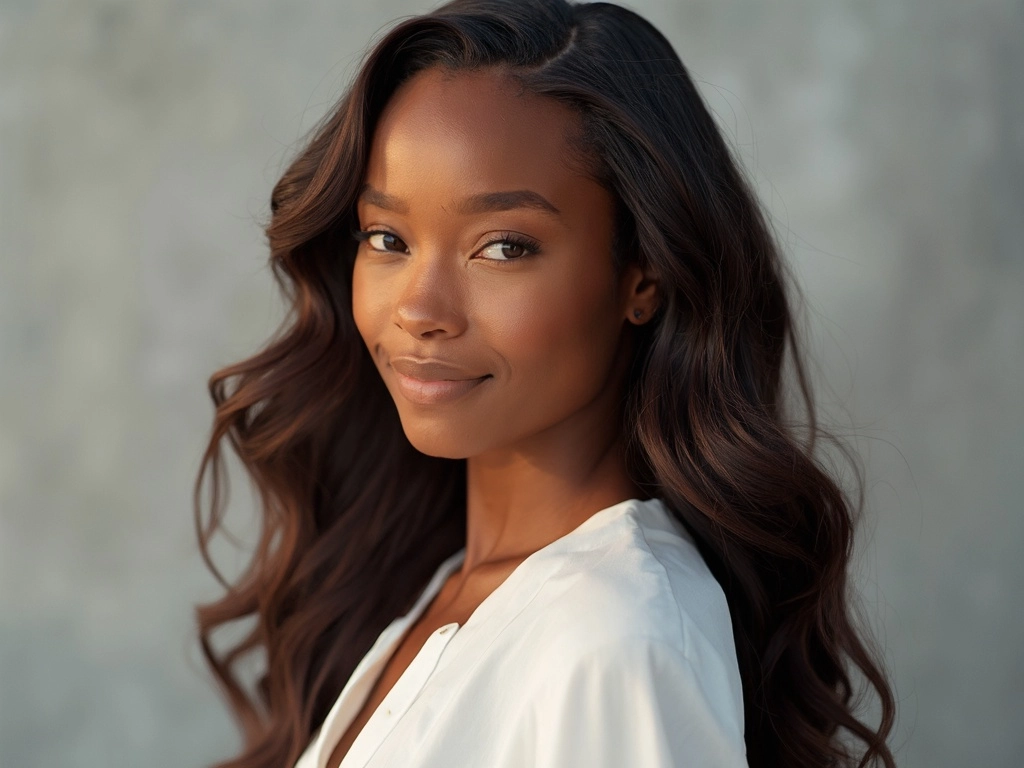 Portrait of a 25-year-old African American woman with long loose waves in a Sincerely4u wear and go wig, styled to perfection.