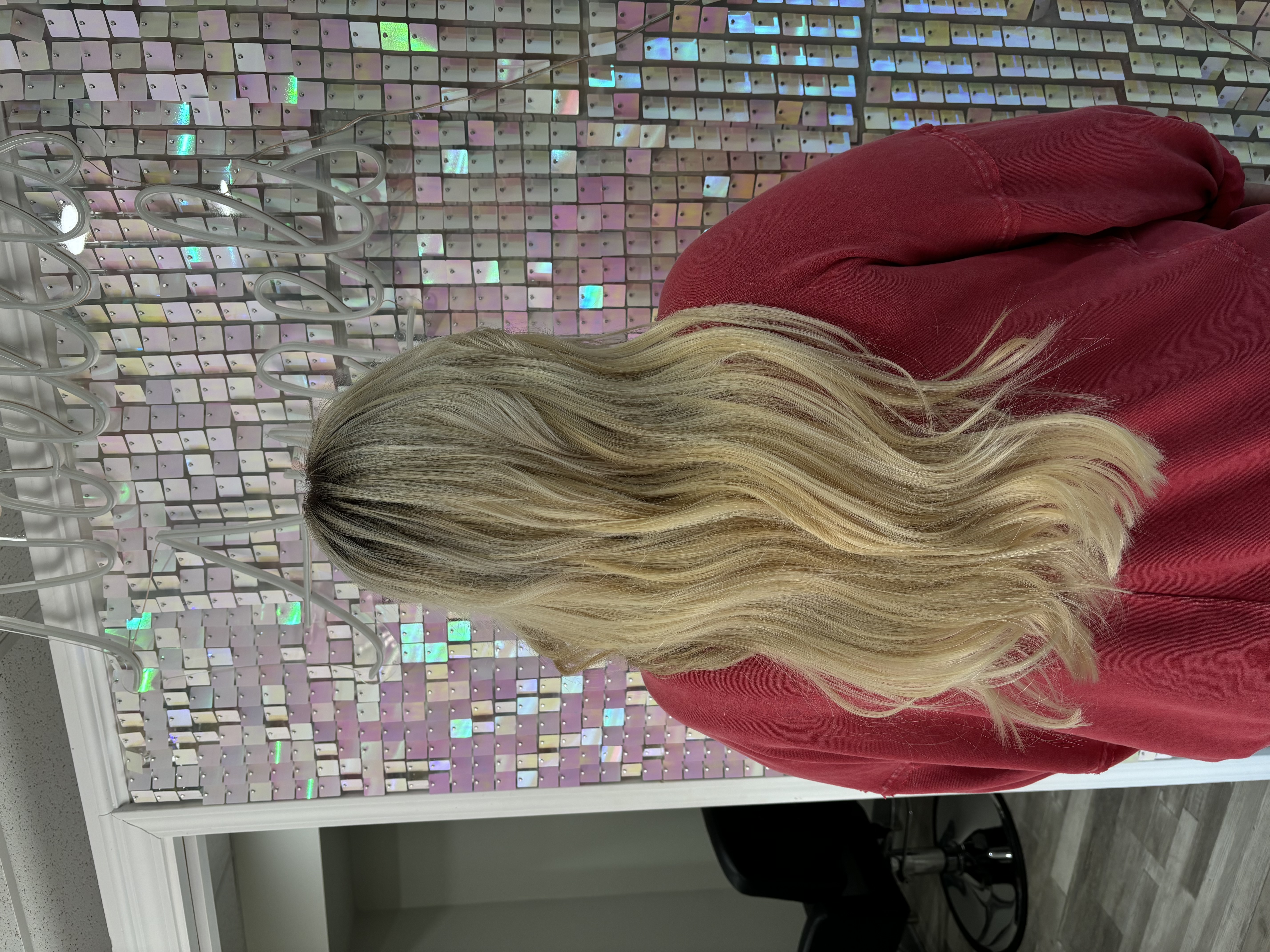a picture of a woman wearing nano tip hair extensions