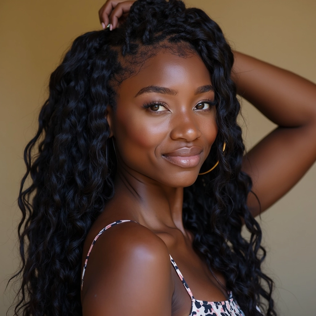 Portrait of an African-American woman with goddess bohemian box braids, featuring curly extensions and a natural matte skin finish.
