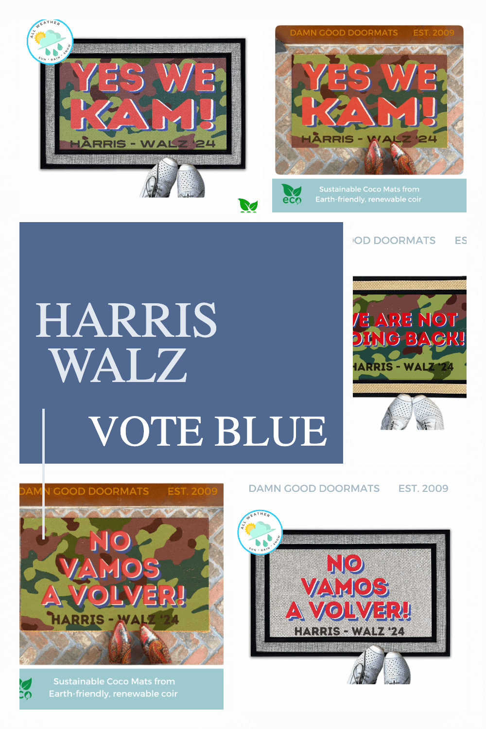 Promotional graphic for Harris Walz 2024 doormats by Damn Good Doormats