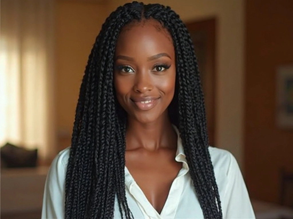 A woman with braided hair wig, styled by Sincerely4u, wearing a classic white blouse.
