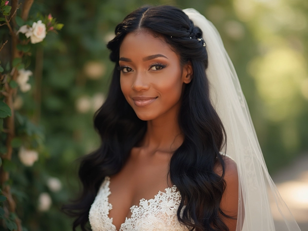 Long Sincerely4u half-up braided crown bridal hairstyle with flowing waves, showcasing a bride in lace A-line gown