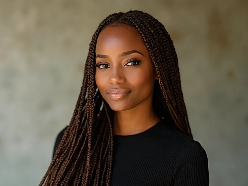 Portrait of an African-American woman with sleek knotless braids, featuring Sincerely4u’s bulk hair for braiding.