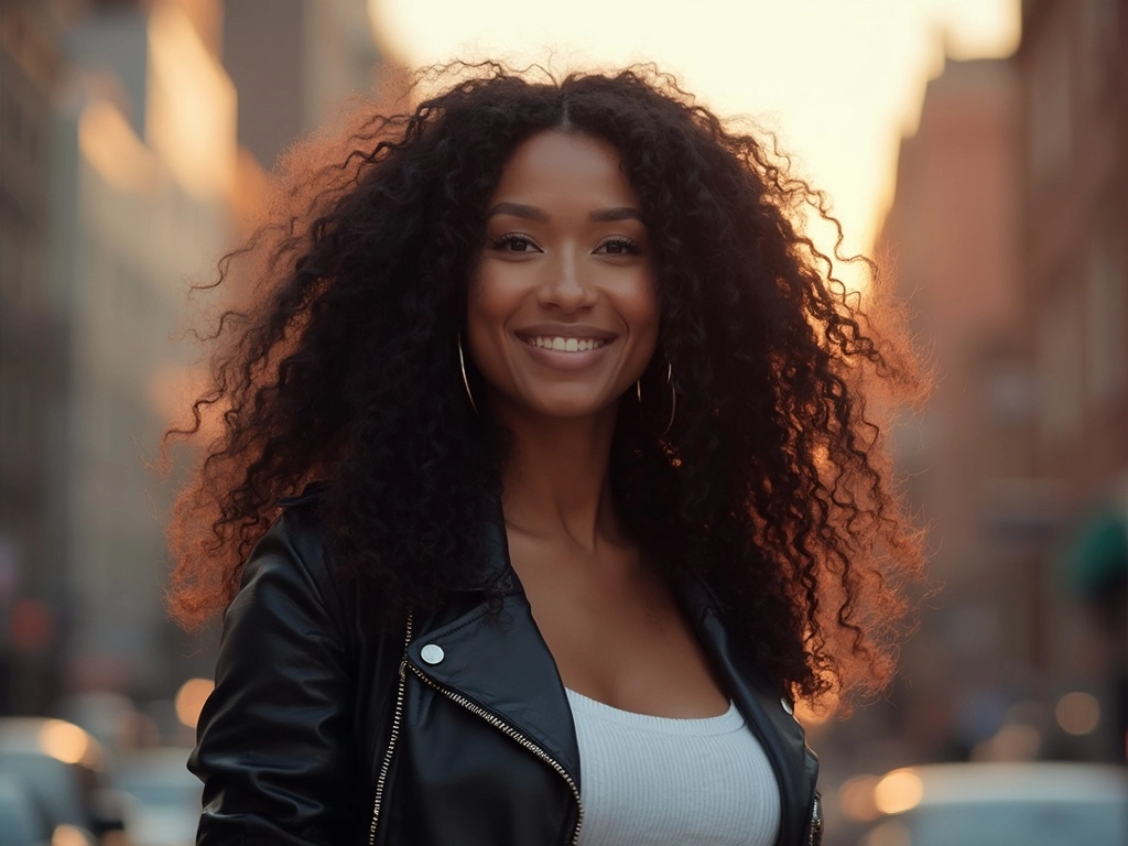Portrait of an African-American woman with long, curly hair in a black leather jacket, exuding confidence and style, beautifully captured by Sincerely4u.