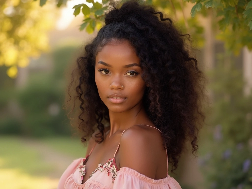 Portrait of a young African-American woman with half-up, half-down curls, highlighting Sincerely4u wigs.