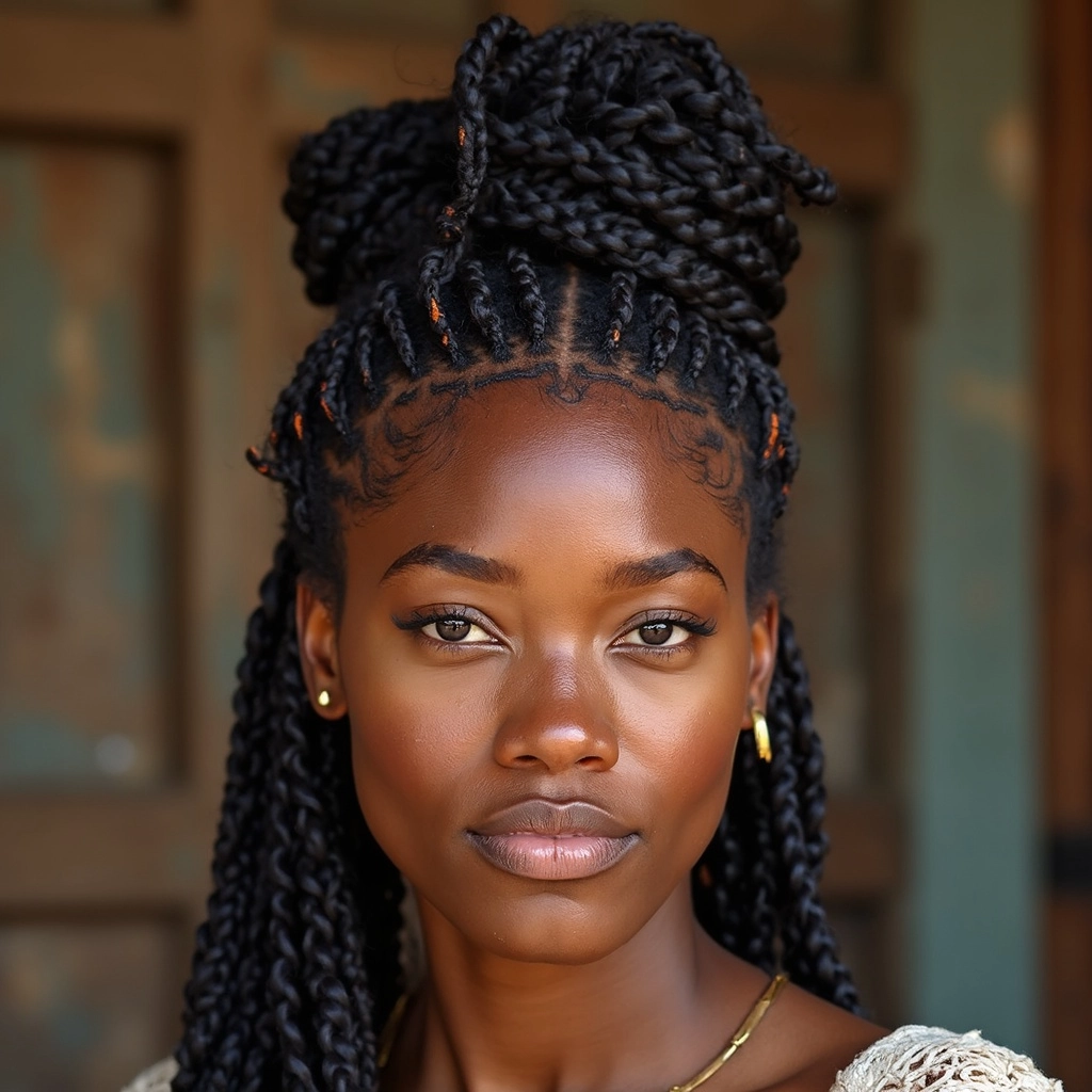 Half-length portrait of an African-American woman with boho tribal braids and bead accents, featuring intricate patterns and a natural matte skin finish.