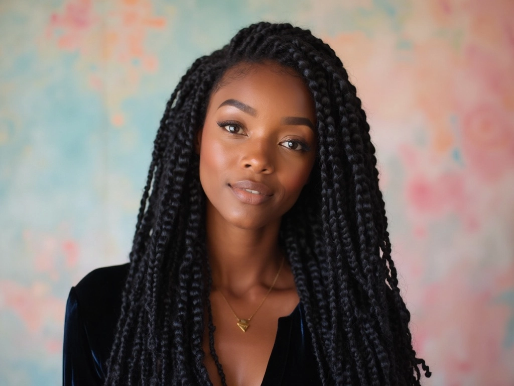 A woman with goddess braids wig, styled by Sincerely4u, wearing a black velvet top.
