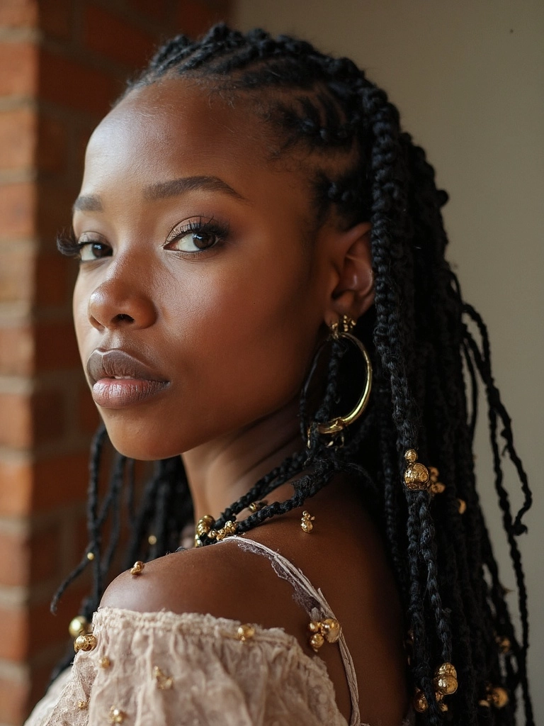 Half-length portrait of a young woman with Sincerely4u knotless braids, accented with gold beads, against a warm, blurred background.