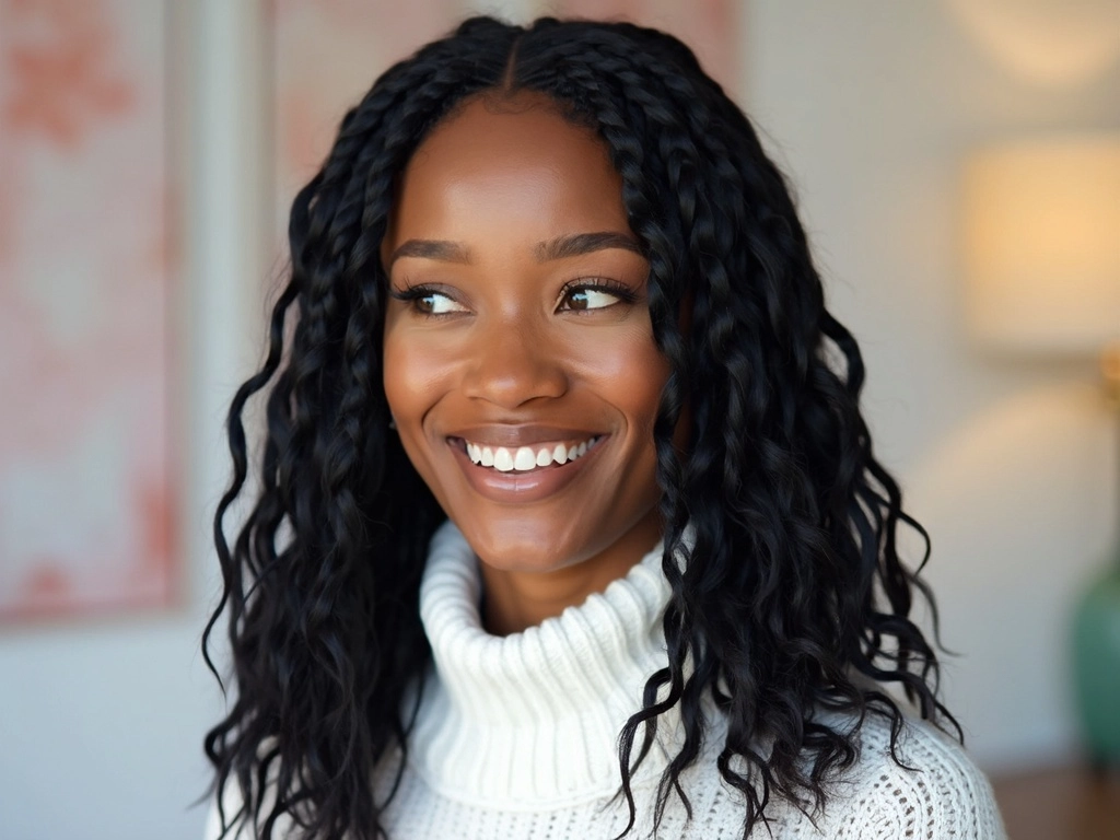 A woman with knotless braids braid wig, designed by Sincerely4u, wearing a white high-neck sweater.