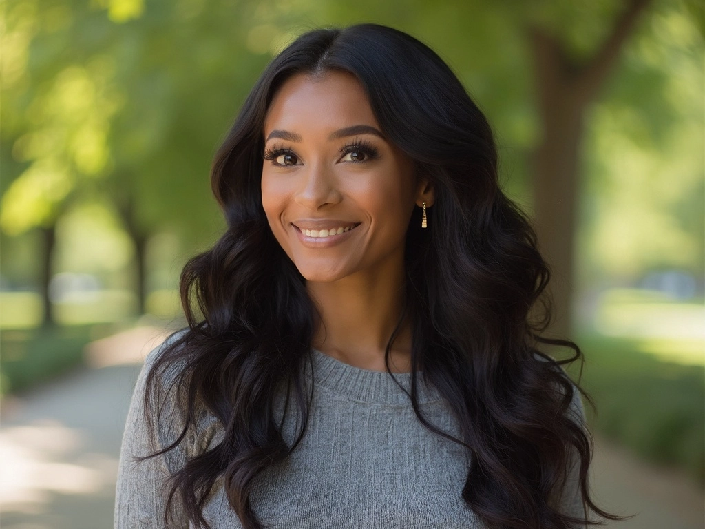 Portrait of an African-American woman with long, wavy hair in a soft grey sweater, naturally captured by Sincerely4u, radiating warmth and confidence.