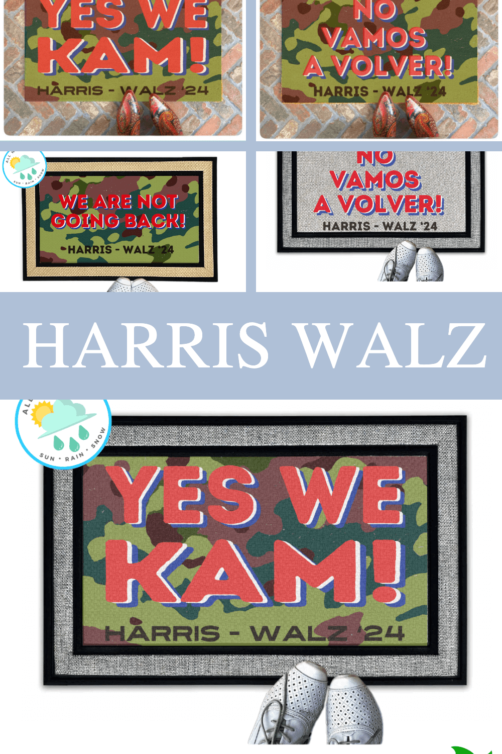 Promotional graphic for Harris Walz 2024 camouflage all weather doormats "Yes we Kam!" by Damn Good Doormats